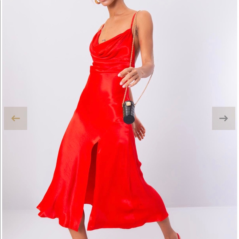 NWT Red MIDI Cowl Neck Dress with Open Back & Front Slit